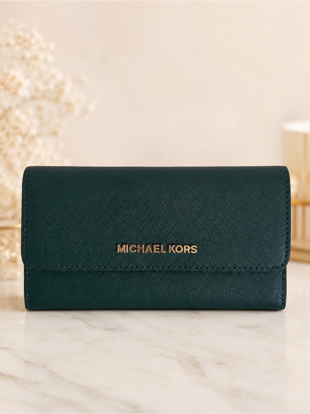 Michael Kors Jet Set Travel Dark Green Saffiano Leather Continental Wallet